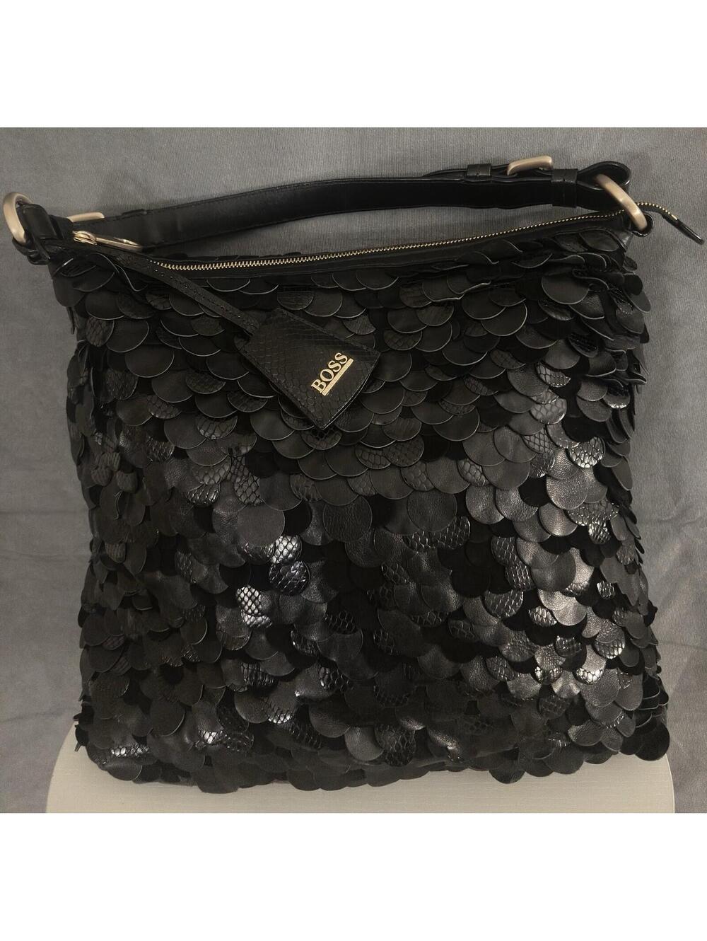 Authentic Hugo BOSS Large Black Leather Fish Scale Fringe Key Charm Shoulder Bag